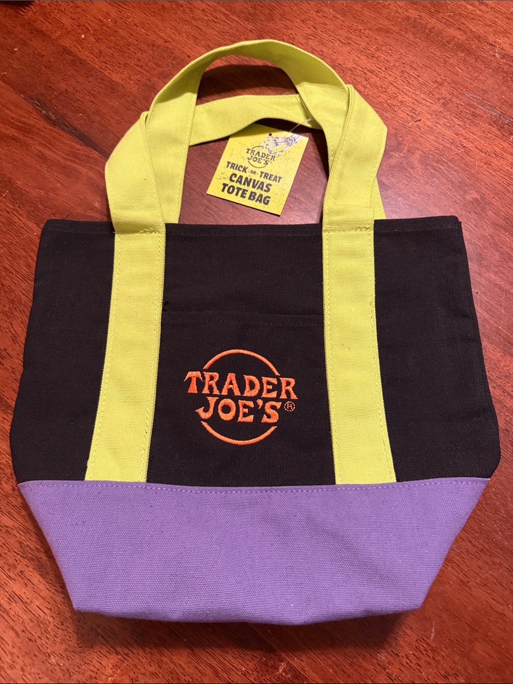 Trader Joe’s Mini Canvas Tote Bag in Black, Purple & Lime